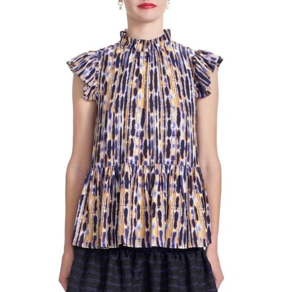 Corey Lynn Calter Aurora Top Drizzle Stripe Ruffle Flutter Sleeve Women’s XS - Picture 1 of 14